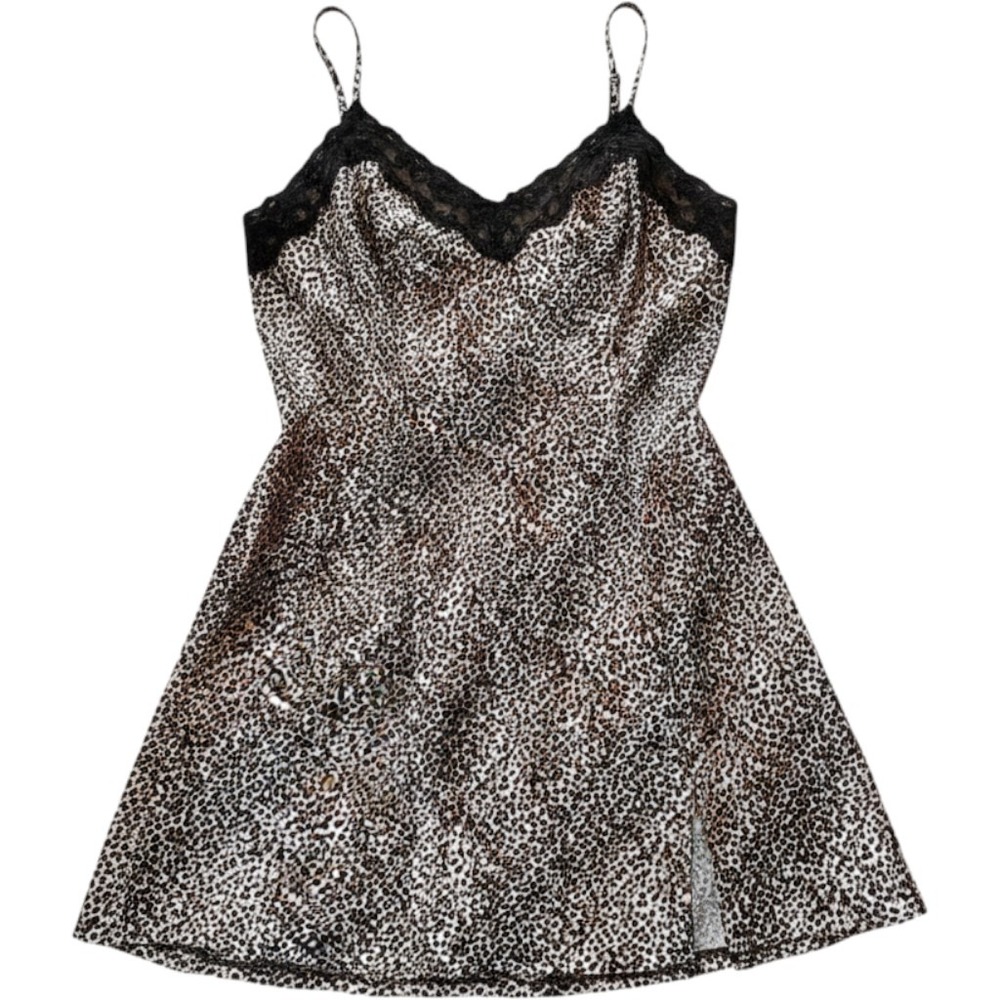 Y2K Intimate Essentials Leopard Print Silky Slip Dress Size M‎ Lace Trim Satin